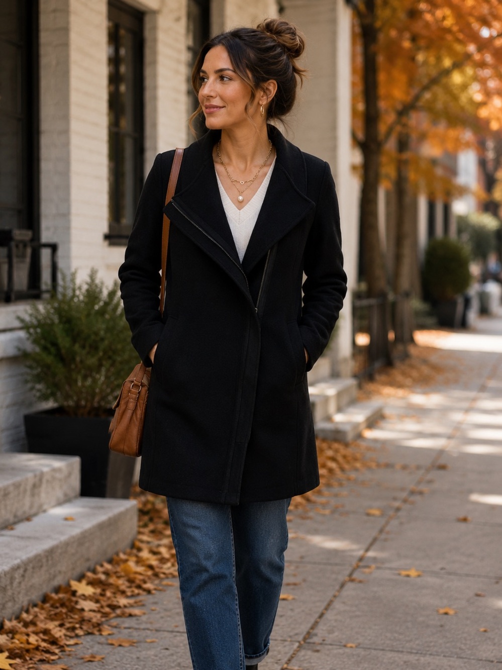 Eileen Fisher Black silk cotton knit moto jacket w/leather trim /old money